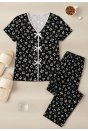 Kadın Siyah Beyaz Kalp Desenli Fiyonklu Kısa Kollu Pijama Takımı