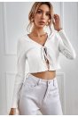 Kadın Beyaz Uzun Kollu Önden Bağlama Detaylı Crop Top Bluz
