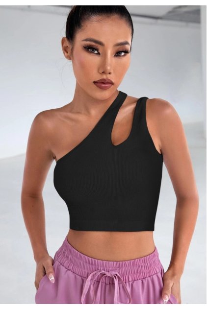 Kadın Siyah Tek Omuz Cut Out Detaylı Crop Top Bluz
