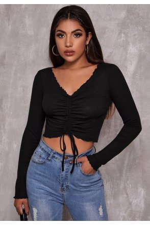 Kadın Siyah Uzun Kollu Büzdürme Bağcık Detaylı Crop Top Bluz