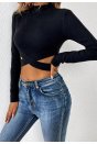 Kadın Siyah Çapraz Bel Detaylı Dik Yaka Uzun Kol Crop Top Bluz