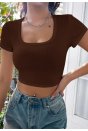 Kadın Kahverengi Yarım Kol Düz Yaka Crop Top Bluz