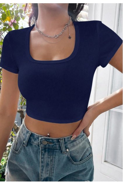 Kadın Lacivert Yarım Kol Düz Yaka Crop Top Bluz
