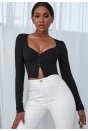 Kadın Siyah Uzun Kollu Düğmeli Göğüs ve Göbek Dekolteli Crop Top Bluz