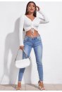 Kadın Beyaz Uzun Kollu Büzdürme Bağcık Detaylı Crop Top Bluz