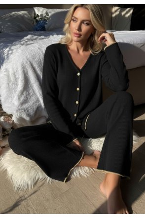 Premium Kadın Fitilli Pijama Takımı – Siyah Gold Biye Detaylı, Yumuşak Dokulu Ev Şıklığı