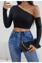 Kadın Siyah Tek Omuz Detaylı Uzun Kol Crop Top Bluz