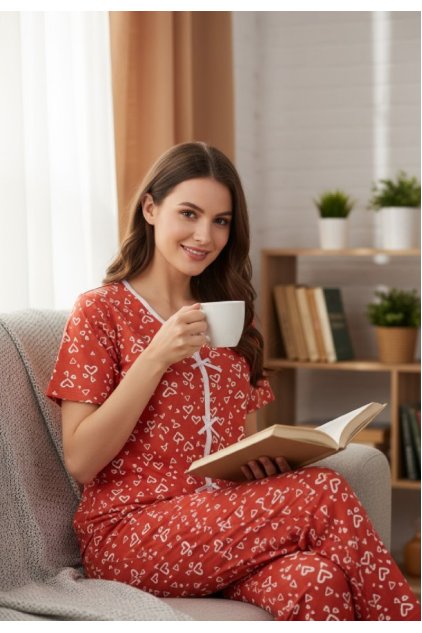 Kadın Turuncu Kalp Desenli Fiyonklu Kısa Kollu Uzun Pijama Takımı