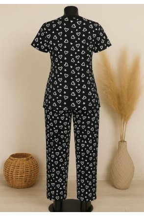 Kadın Siyah Beyaz Kalp Desenli Fiyonklu Kısa Kollu Pijama Takımı