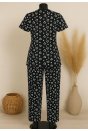 Kadın Siyah Beyaz Kalp Desenli Fiyonklu Kısa Kollu Pijama Takımı