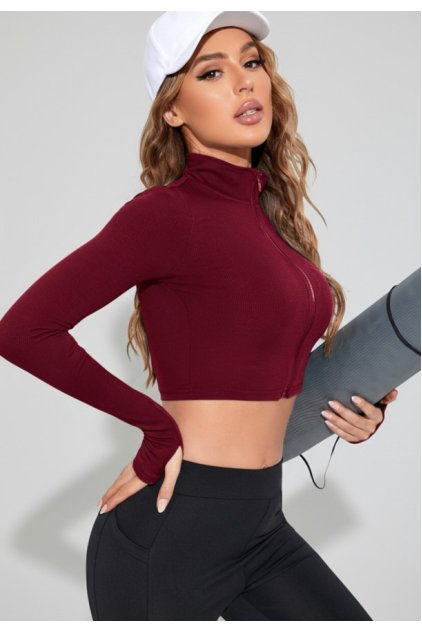 Kadın Bordo Uzun Kol Fermuarlı Parmak Geçme Detaylı Dik Yaka Crop Top Bluz