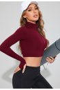 Kadın Bordo Uzun Kol Fermuarlı Parmak Geçme Detaylı Dik Yaka Crop Top Bluz