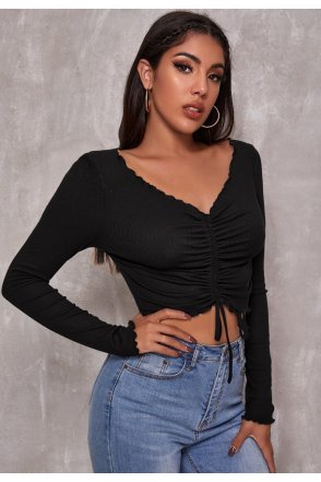 Kadın Siyah Uzun Kollu Büzdürme Bağcık Detaylı Crop Top Bluz