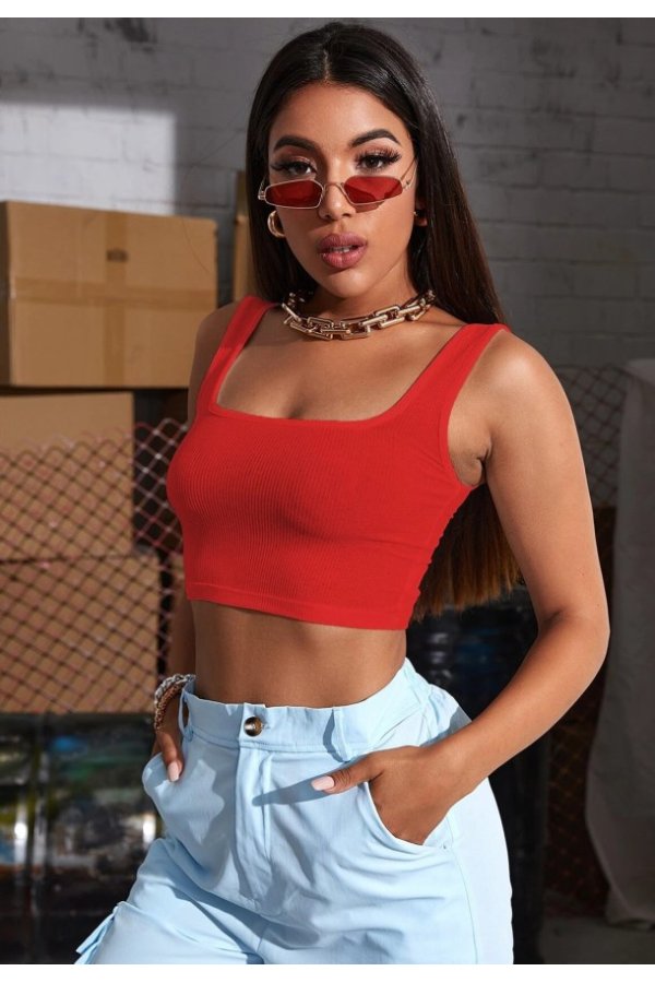 Kadın Kırmızı Kalın Askılı Crop Top Büstiyer