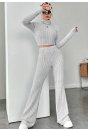 Kadın Gri Çizgili Boğazlı Crop Top ve Yüksek Bel Pantolon Takım