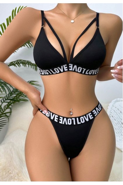 Kadın Siyah Love Yazı Detaylı Harness İç Çamaşır Takımı