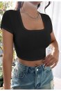 Kadın Siyah Yarım Kol Düz Yaka Crop Top Bluz