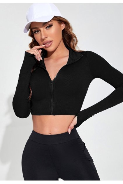 Kadın Siyah Uzun Kol Fermuarlı Parmak Geçme Detaylı Dik Yaka Crop Top Bluz