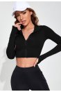 Kadın Siyah Uzun Kol Fermuarlı Parmak Geçme Detaylı Dik Yaka Crop Top Bluz