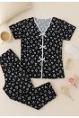Kadın Siyah Beyaz Kalp Desenli Fiyonklu Kısa Kollu Pijama Takımı