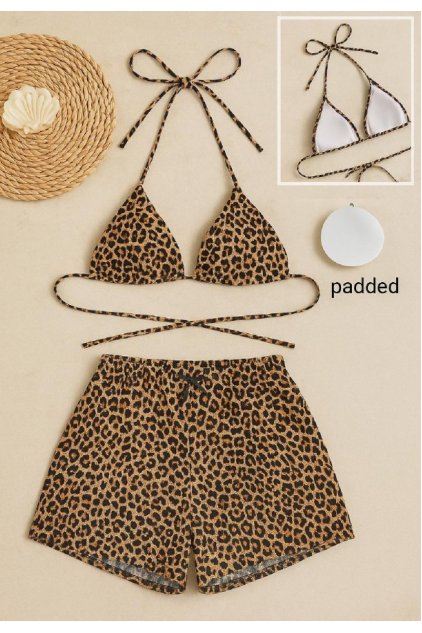 Kadın Leopar Desenli Şortlu Belden ve Boyundan Bağlamalı Bikini Takımı