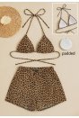 Kadın Leopar Desenli Şortlu Belden ve Boyundan Bağlamalı Bikini Takımı