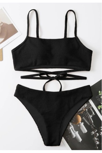 Kadın Siyah Çapraz Bağlama Detaylı Yüksek Bel Bikini Takımı