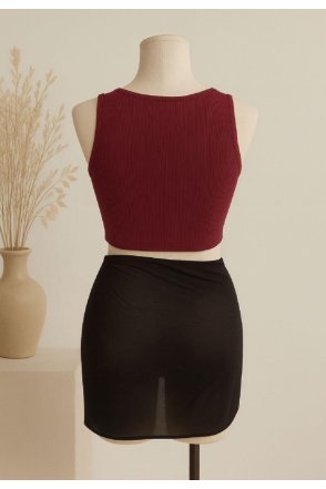 Kadın Bordo Yuvarlak Yaka Crop ve Siyah Pareo 2'li Set