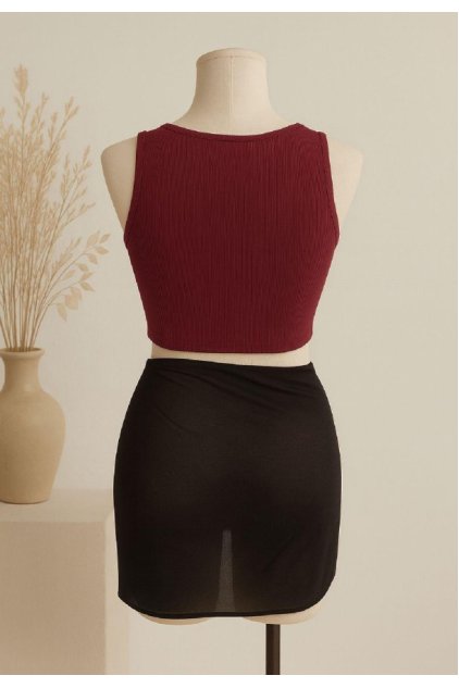 Kadın Bordo Yuvarlak Yaka Crop ve Siyah Pareo 2'li Set