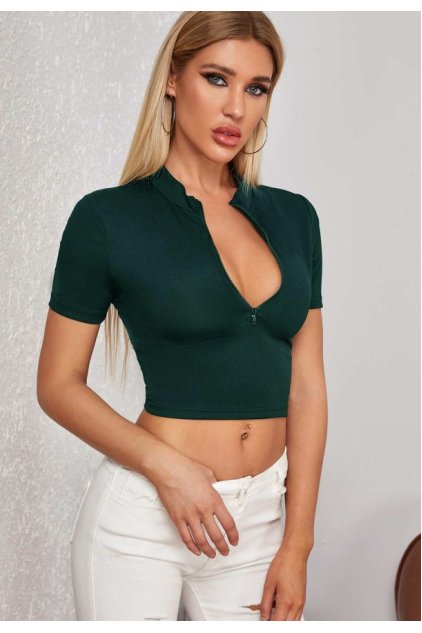 Kadın Yeşil Yarım Fermuarlı ve Kısa Kollu Crop Top Bluz