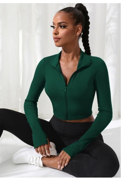 Kadın Yeşil Uzun Kol Fermuarlı Parmak Geçme Detaylı Dik Yaka Crop Top Bluz