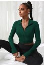 Kadın Yeşil Uzun Kol Fermuarlı Parmak Geçme Detaylı Dik Yaka Crop Top Bluz