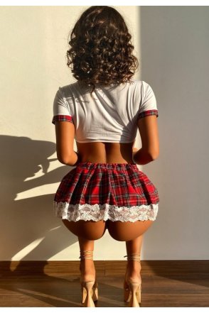 Kadın Beyaz Fantezi Liseli Kostümü Dantelli ve Tangalı