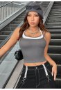 Kadın Antrasit Gri Beyaz Çift Renk Çapraz Askılı Crop Top Bluz