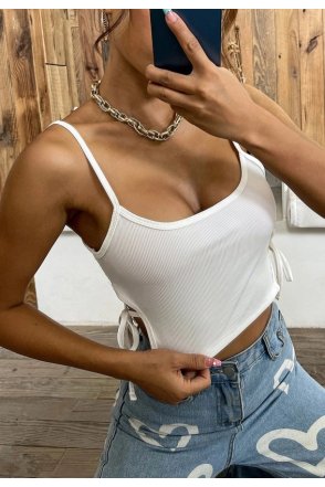 Kadın Beyaz Yanlardan Bağlamalı Bel Dekolteli Crop Top Bluz
