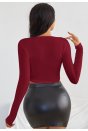 Kadın Bordo Uzun Kol Kare Yaka Crop Top Bluz