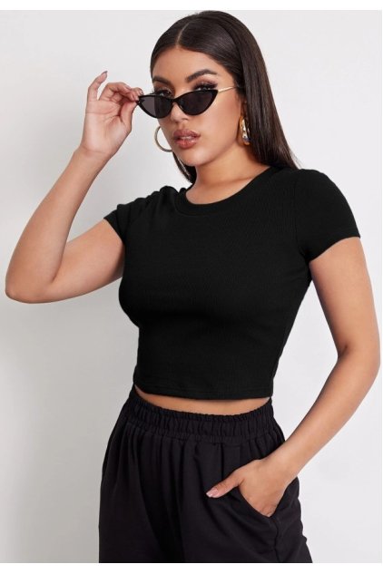 Kadın Siyah Yuvarlak Yaka Yarım Kol Crop Top Bluz