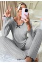 Kadın Gri Çizgili Uzun Kollu Fiyonk Detaylı Pijama Takımı Rahat Mevsimlik