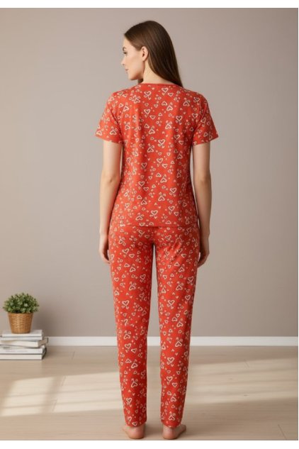 Kadın Turuncu Kalp Desenli Fiyonklu Kısa Kollu Uzun Pijama Takımı
