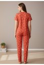 Kadın Turuncu Kalp Desenli Fiyonklu Kısa Kollu Uzun Pijama Takımı
