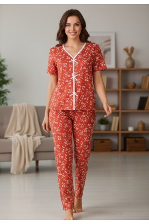 Kadın Turuncu Kalp Desenli Fiyonklu Kısa Kollu Uzun Pijama Takımı