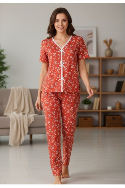 Kadın Turuncu Kalp Desenli Fiyonklu Kısa Kollu Uzun Pijama Takımı