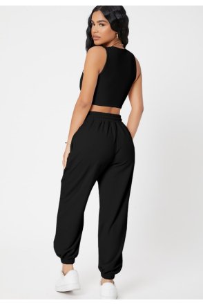 Kadın Siyah Kaşkorse Cepli Jogger Eşofman Altı ve Crop Top Bluz