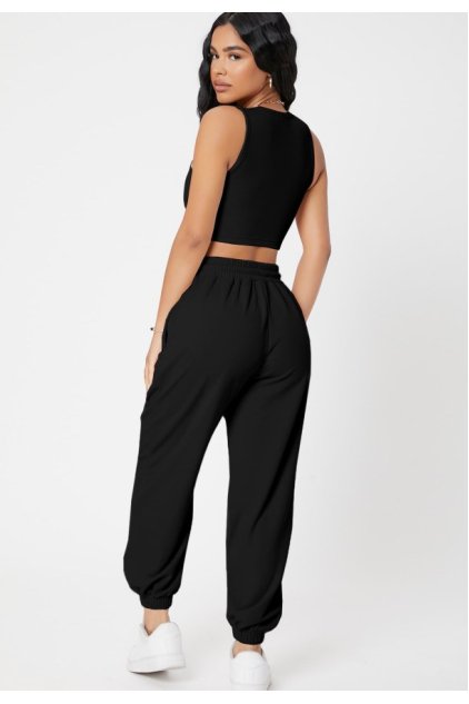 Kadın Siyah Kaşkorse Cepli Jogger Eşofman Altı ve Crop Top Bluz