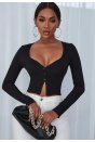 Kadın Siyah Uzun Kollu Düğmeli Göğüs ve Göbek Dekolteli Crop Top Bluz