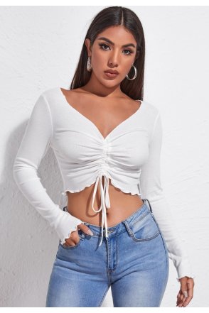 Kadın Beyaz Uzun Kollu Büzdürme Bağcık Detaylı Crop Top Bluz