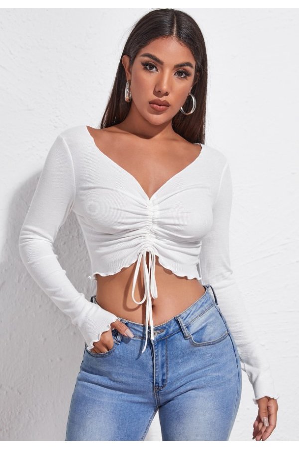 Kadın Beyaz Uzun Kollu Büzdürme Bağcık Detaylı Crop Top Bluz