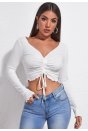 Kadın Beyaz Uzun Kollu Büzdürme Bağcık Detaylı Crop Top Bluz