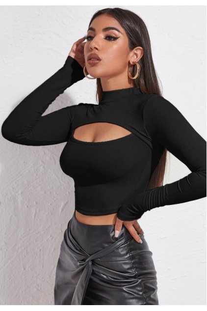 Kadın Siyah Göğüs Dekolteli Uzun Kollu Cut Out Crop Top Bluz