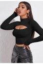 Kadın Siyah Göğüs Dekolteli Uzun Kollu Cut Out Crop Top Bluz